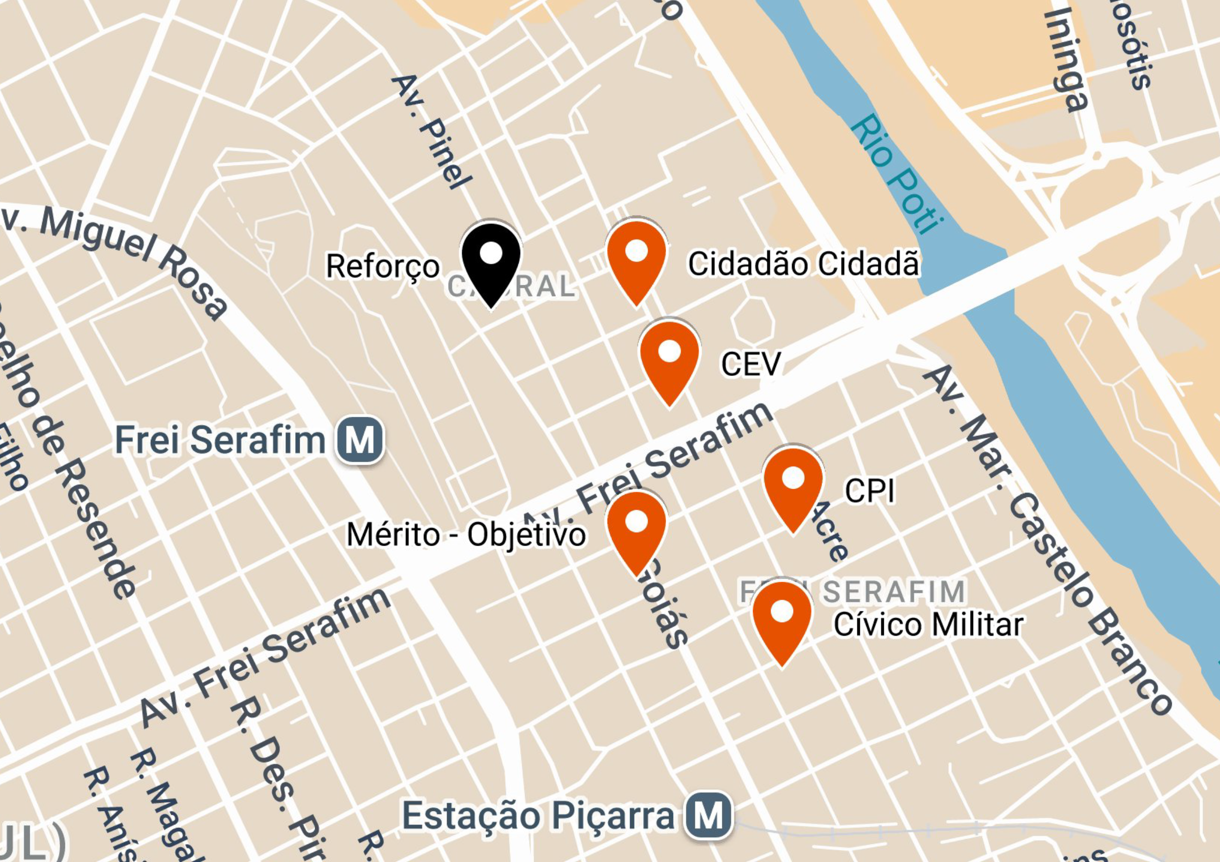 Mapa destacando Espaco de Aprender, CEV, Cidadão Cidadã, Mérito Objetivo, Cívico-Militar, COLÉGIO CPI Ilhotas e Av. Frei Serafim